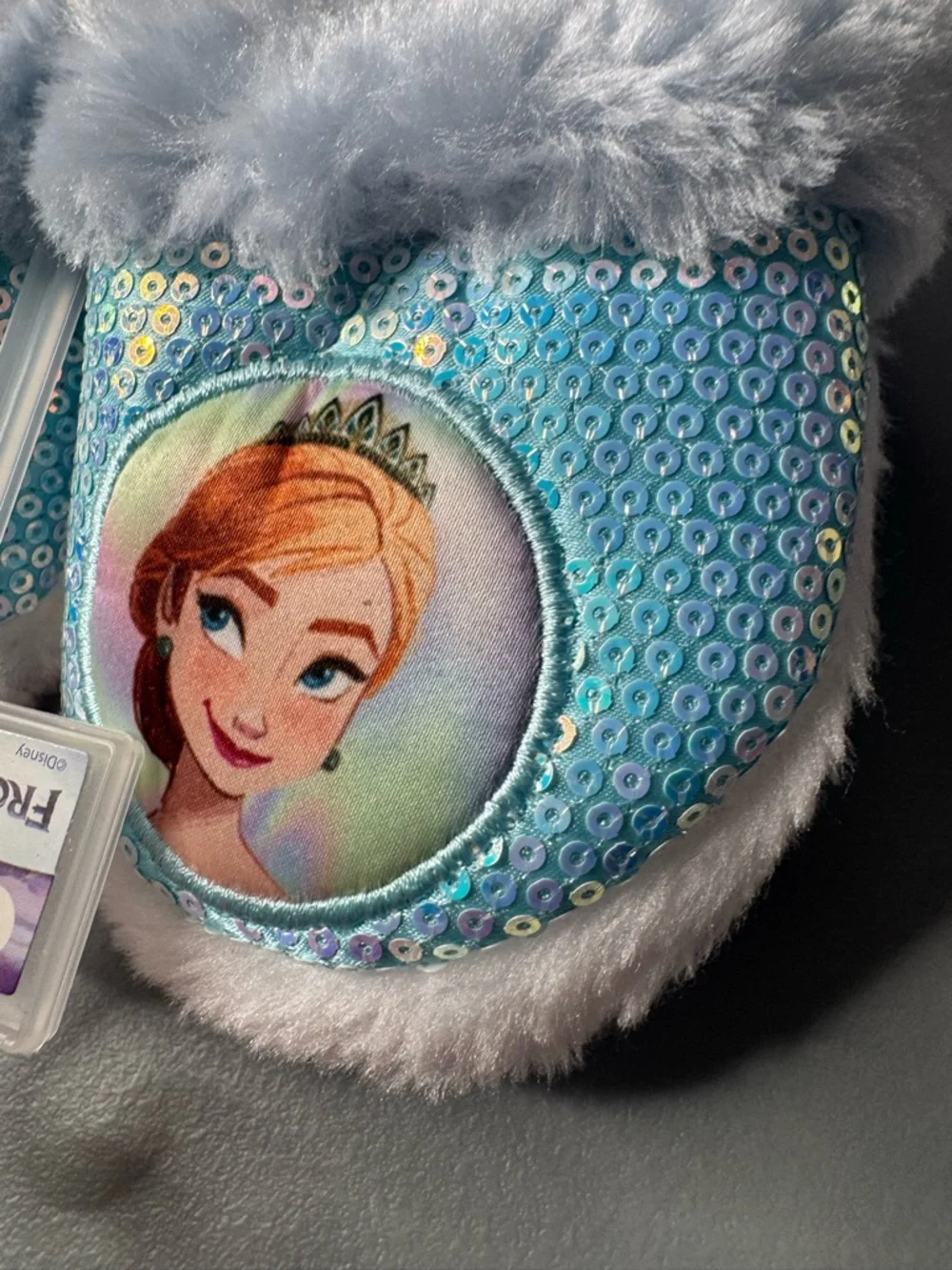 Disney Frozen Elsa & Anna Sequin Slippers iridescent faux fur slip-ons size 5/6